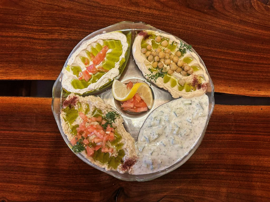 Mezze platter with hummus and baba ganoush